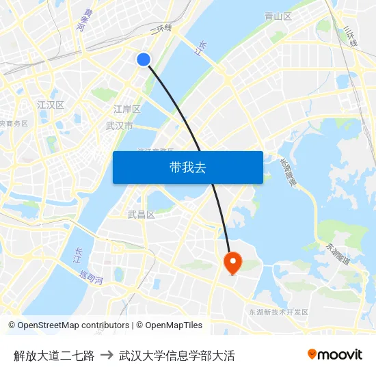 解放大道二七路 to 武汉大学信息学部大活 map