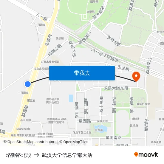 珞狮路北段 to 武汉大学信息学部大活 map