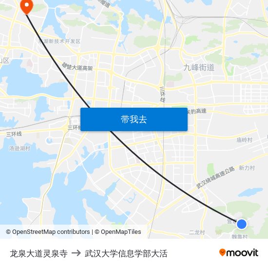 龙泉大道灵泉寺 to 武汉大学信息学部大活 map