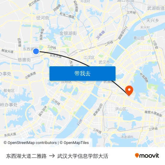 东西湖大道二雅路 to 武汉大学信息学部大活 map