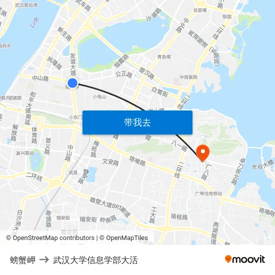 螃蟹岬 to 武汉大学信息学部大活 map