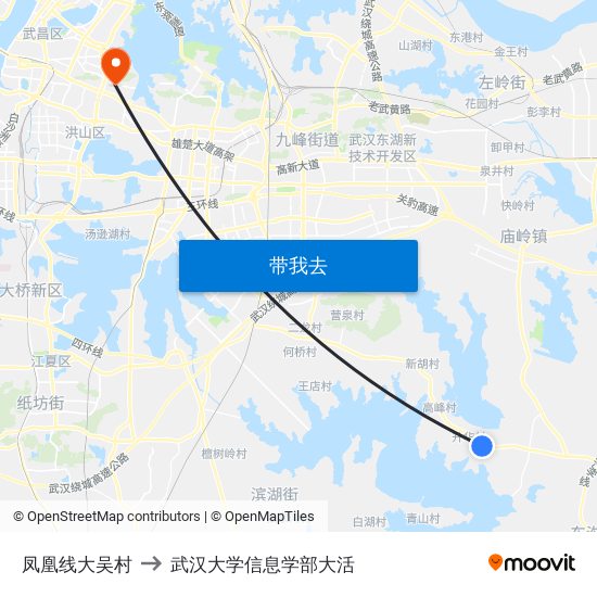 凤凰线大吴村 to 武汉大学信息学部大活 map