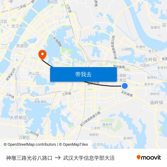 神墩三路光谷八路口 to 武汉大学信息学部大活 map