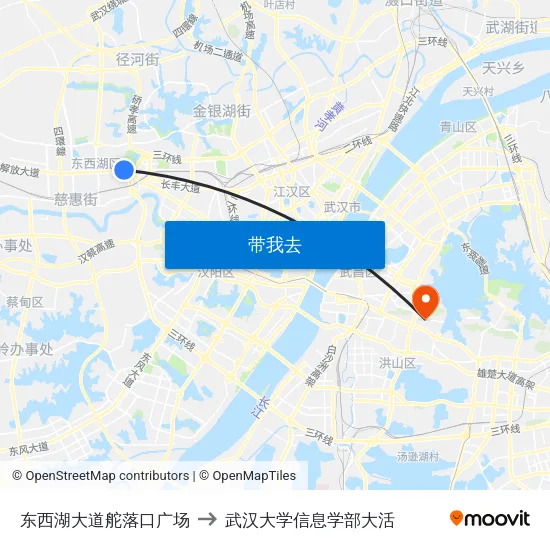 东西湖大道舵落口广场 to 武汉大学信息学部大活 map