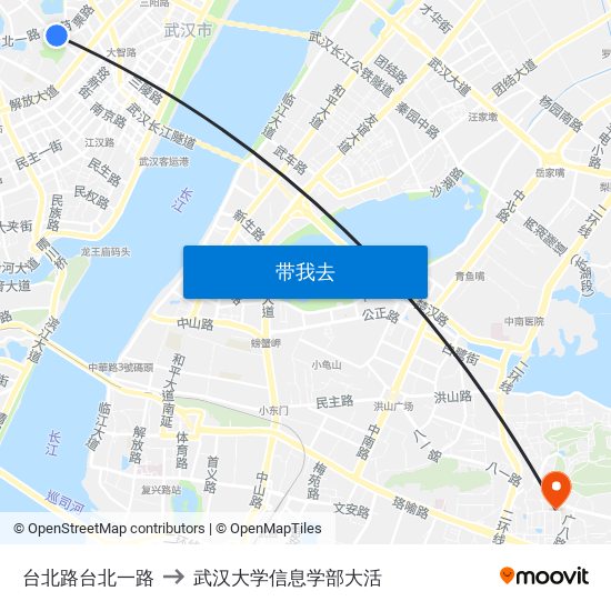 台北路台北一路 to 武汉大学信息学部大活 map