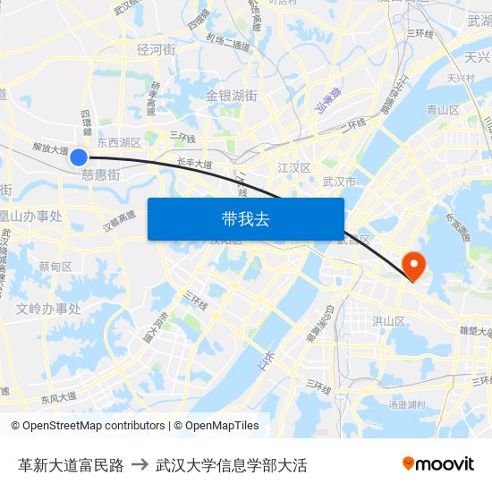 革新大道富民路 to 武汉大学信息学部大活 map