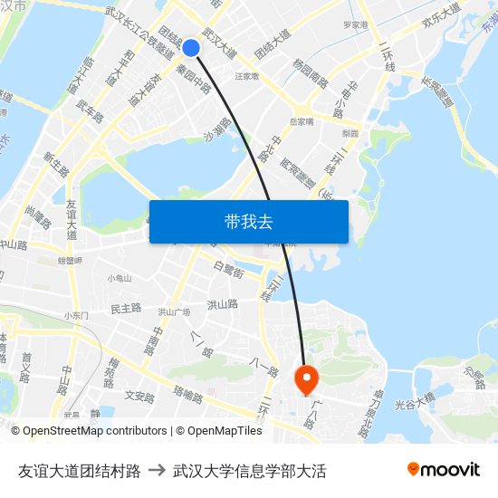 友谊大道团结村路 to 武汉大学信息学部大活 map