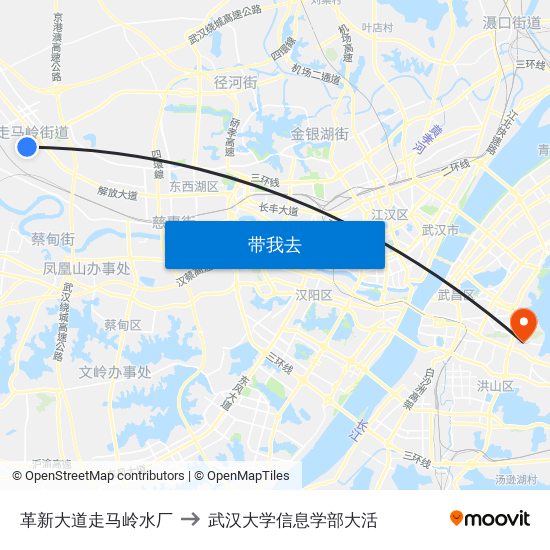 革新大道走马岭水厂 to 武汉大学信息学部大活 map