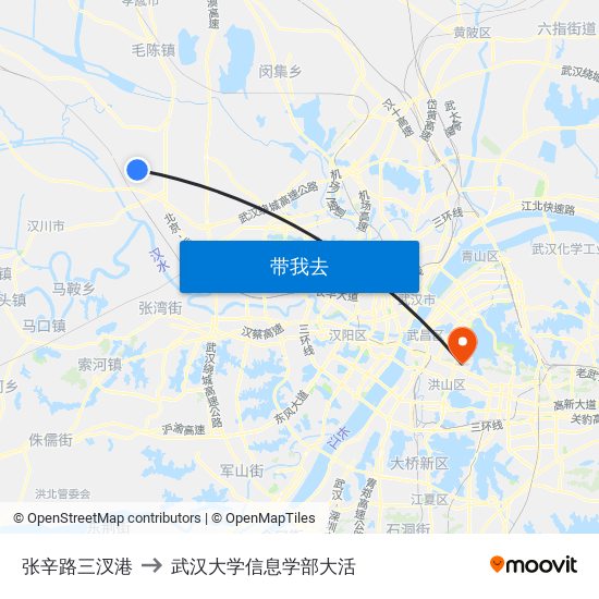 张辛路三汊港 to 武汉大学信息学部大活 map