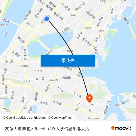 友谊大道湖北大学 to 武汉大学信息学部大活 map