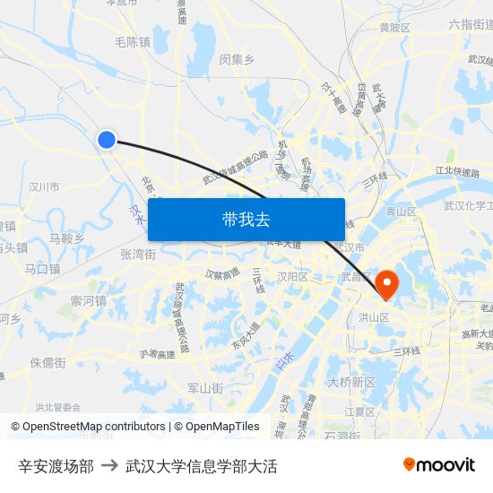 辛安渡场部 to 武汉大学信息学部大活 map