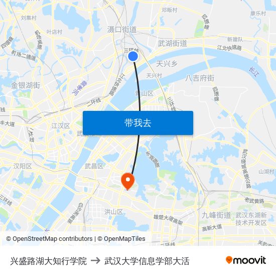 兴盛路湖大知行学院 to 武汉大学信息学部大活 map