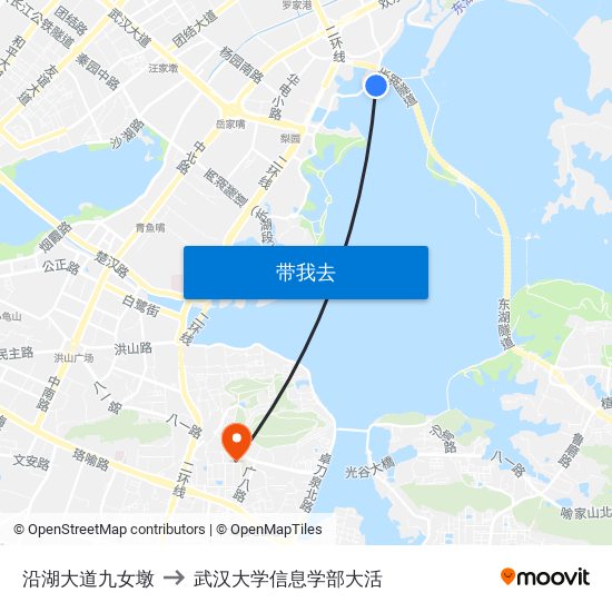 沿湖大道九女墩 to 武汉大学信息学部大活 map