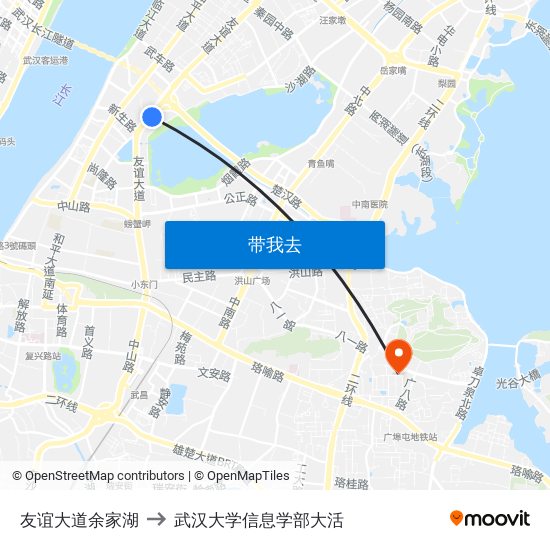 友谊大道余家湖 to 武汉大学信息学部大活 map