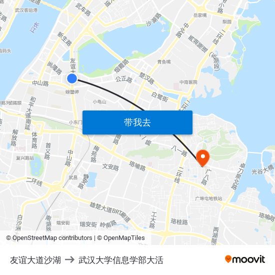 友谊大道沙湖 to 武汉大学信息学部大活 map