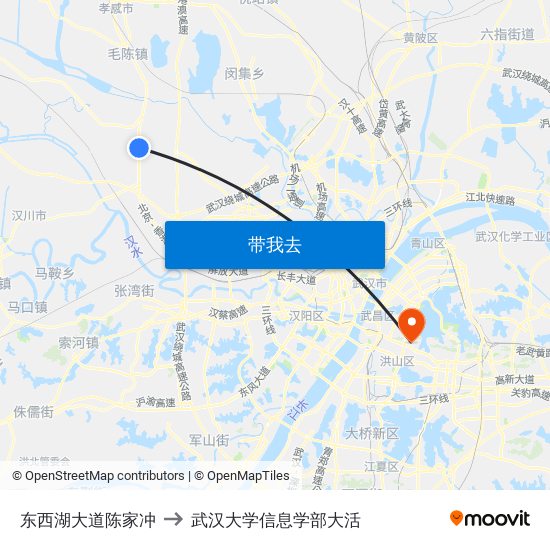 东西湖大道陈家冲 to 武汉大学信息学部大活 map