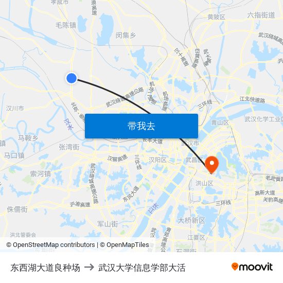 东西湖大道良种场 to 武汉大学信息学部大活 map