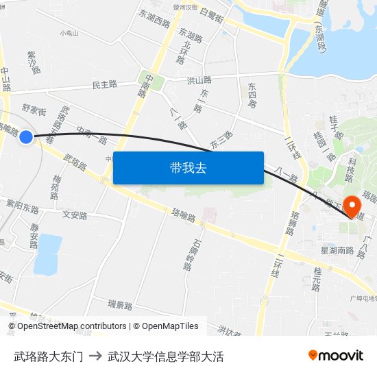 武珞路大东门 to 武汉大学信息学部大活 map