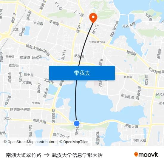 南湖大道翠竹路 to 武汉大学信息学部大活 map