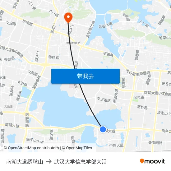 南湖大道绣球山 to 武汉大学信息学部大活 map