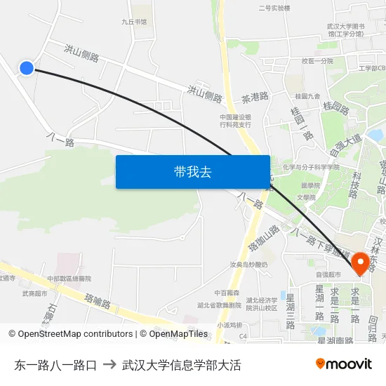 东一路八一路口 to 武汉大学信息学部大活 map