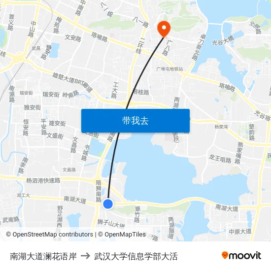 南湖大道澜花语岸 to 武汉大学信息学部大活 map