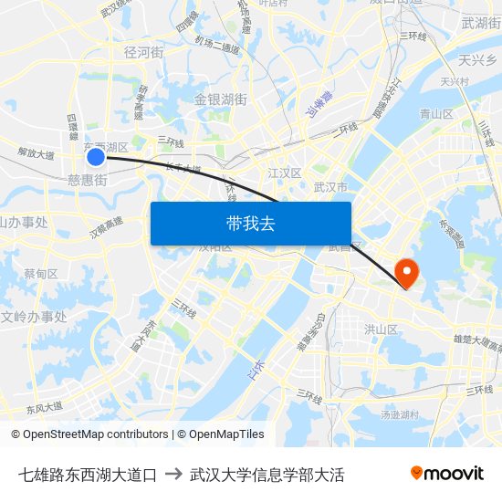 七雄路东西湖大道口 to 武汉大学信息学部大活 map