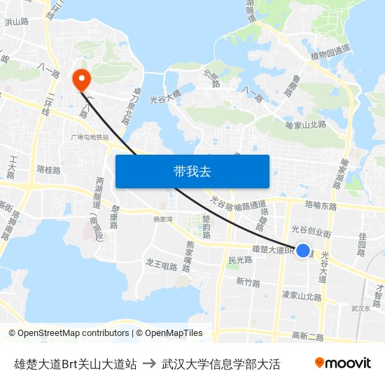 雄楚大道Brt关山大道站 to 武汉大学信息学部大活 map