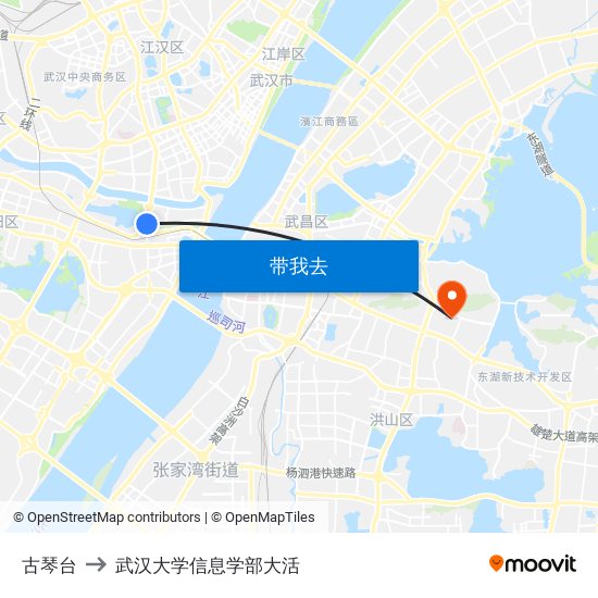 古琴台 to 武汉大学信息学部大活 map