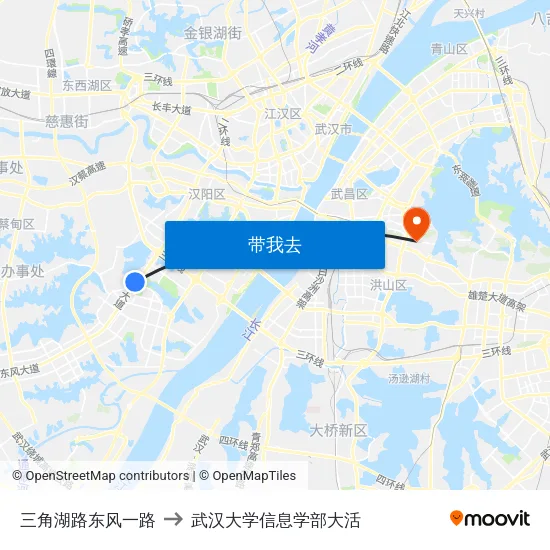 三角湖路东风一路 to 武汉大学信息学部大活 map
