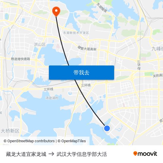 藏龙大道宜家龙城 to 武汉大学信息学部大活 map