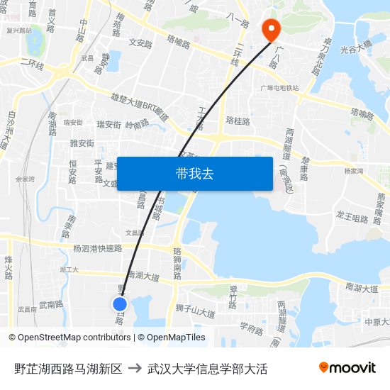 野芷湖西路马湖新区 to 武汉大学信息学部大活 map