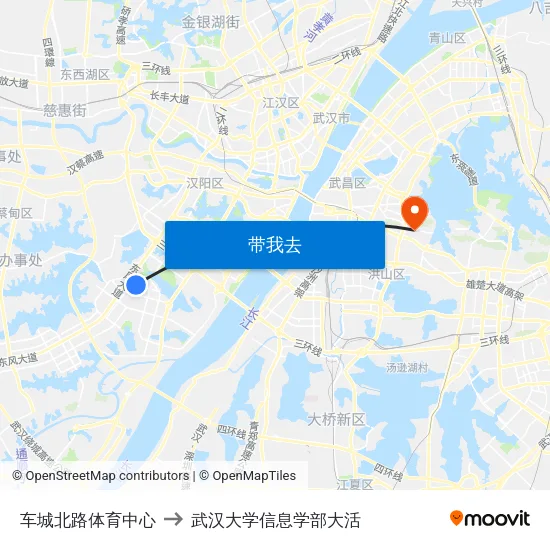 车城北路体育中心 to 武汉大学信息学部大活 map