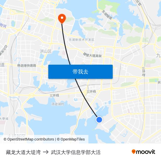 藏龙大道大堤湾 to 武汉大学信息学部大活 map