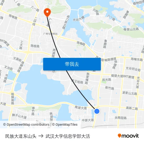 民族大道东山头 to 武汉大学信息学部大活 map