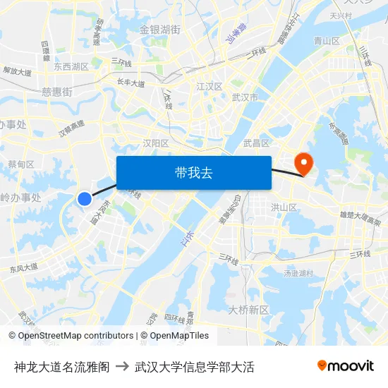 神龙大道名流雅阁 to 武汉大学信息学部大活 map