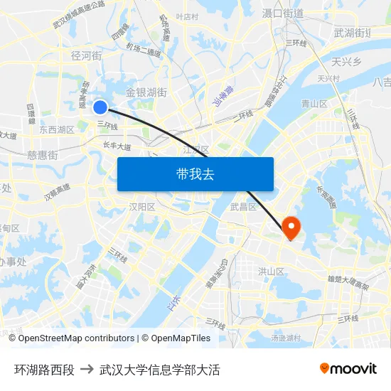 环湖路西段 to 武汉大学信息学部大活 map