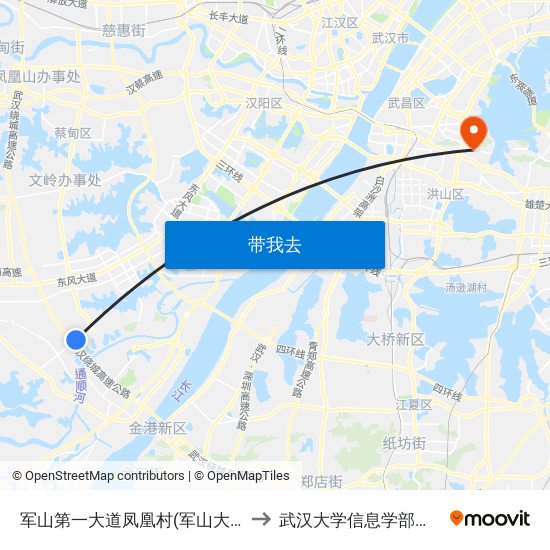 军山第一大道凤凰村(军山大道) to 武汉大学信息学部大活 map