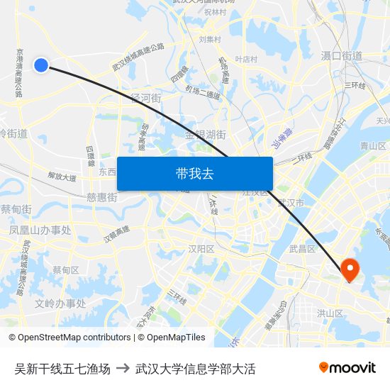 吴新干线五七渔场 to 武汉大学信息学部大活 map