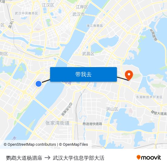 鹦鹉大道杨泗庙 to 武汉大学信息学部大活 map