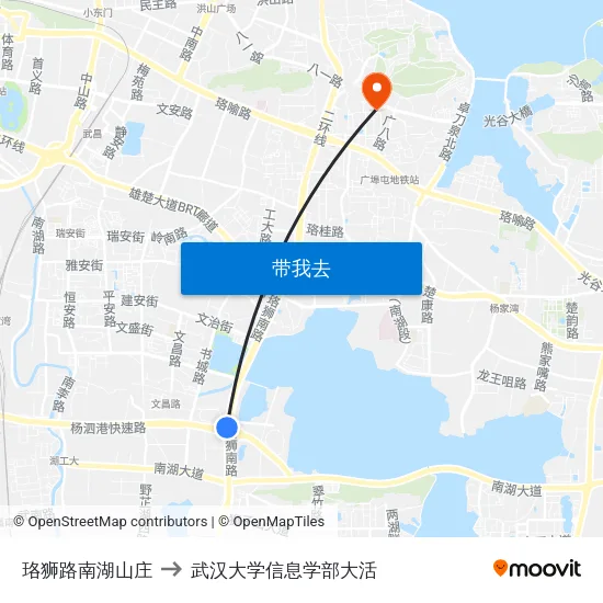 珞狮路南湖山庄 to 武汉大学信息学部大活 map