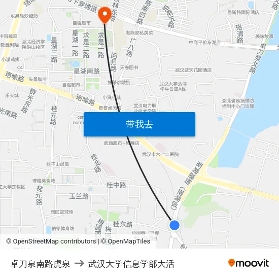 卓刀泉南路虎泉 to 武汉大学信息学部大活 map