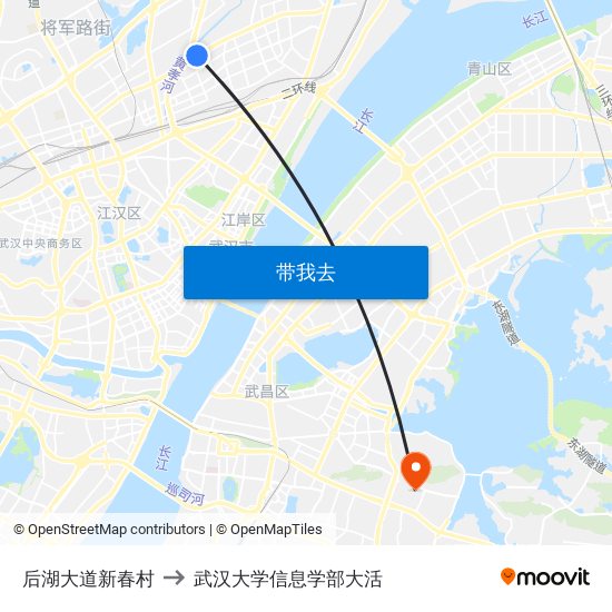 后湖大道新春村 to 武汉大学信息学部大活 map