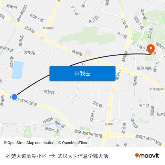 雄楚大道晒湖小区 to 武汉大学信息学部大活 map