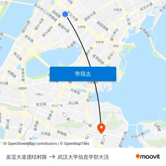 友谊大道团结村路 to 武汉大学信息学部大活 map