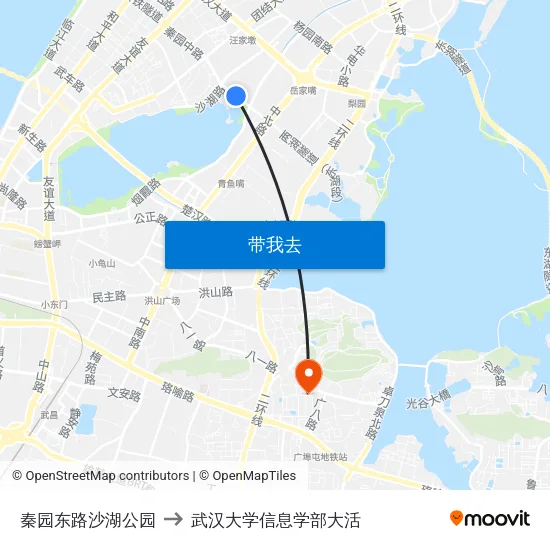 秦园东路沙湖公园 to 武汉大学信息学部大活 map