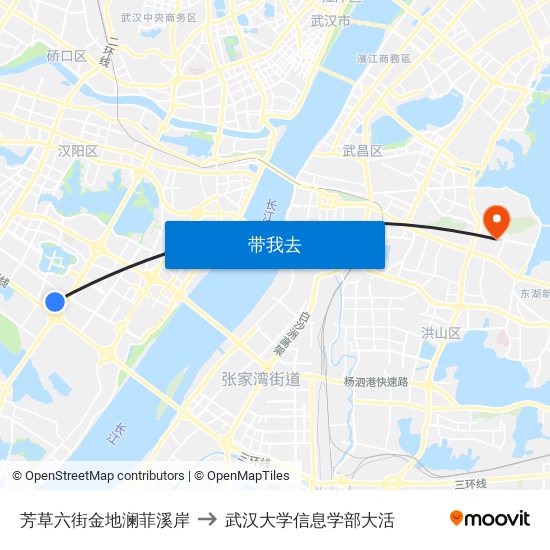 芳草六街金地澜菲溪岸 to 武汉大学信息学部大活 map