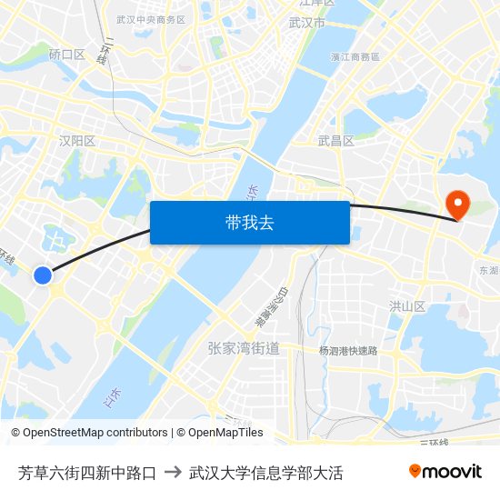 芳草六街四新中路口 to 武汉大学信息学部大活 map