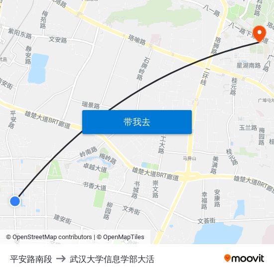 平安路南段 to 武汉大学信息学部大活 map