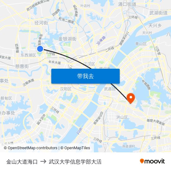 金山大道海口 to 武汉大学信息学部大活 map